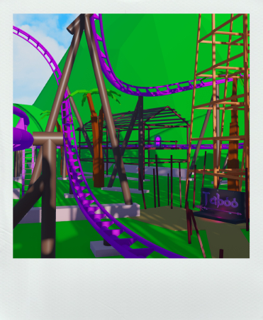 Purple roller coaster track winding throughout a jungle-like location.