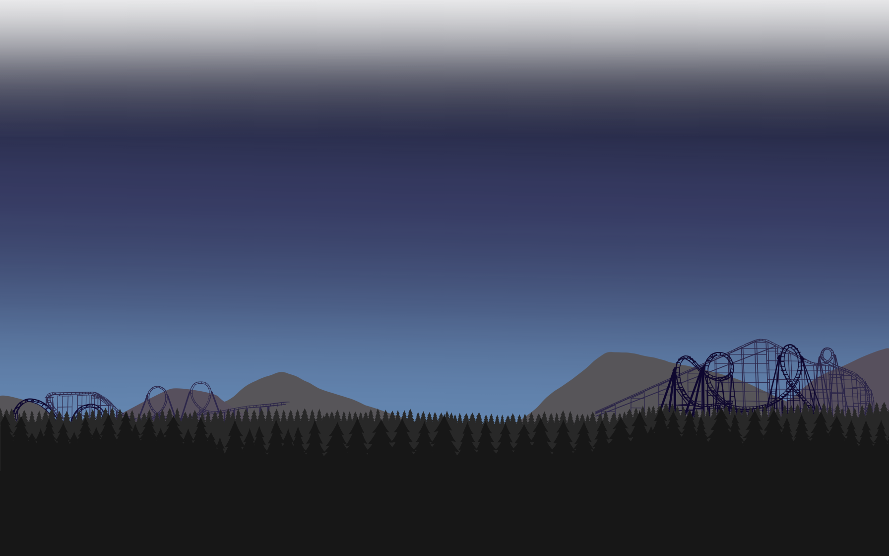 Mysterious looping roller coaster deep in the forest, mountainous background with night sky.