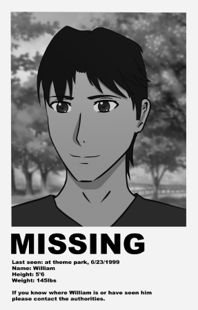 in-game character william, black and white missing poster. William has long bangs framing his face.