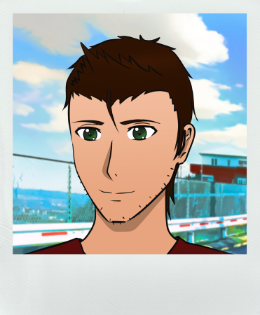 In-game character Tim, He wears a red shirt, has green eyes and brown hair that is spiked in the front.
